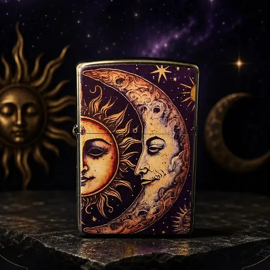 Sun & Moon Celestial Windproof Refillable Fluid Metal EDC Pocket Lighter - Home Accessories - Cosmic Aesthetic Gift for Him (Fuel Not Included)