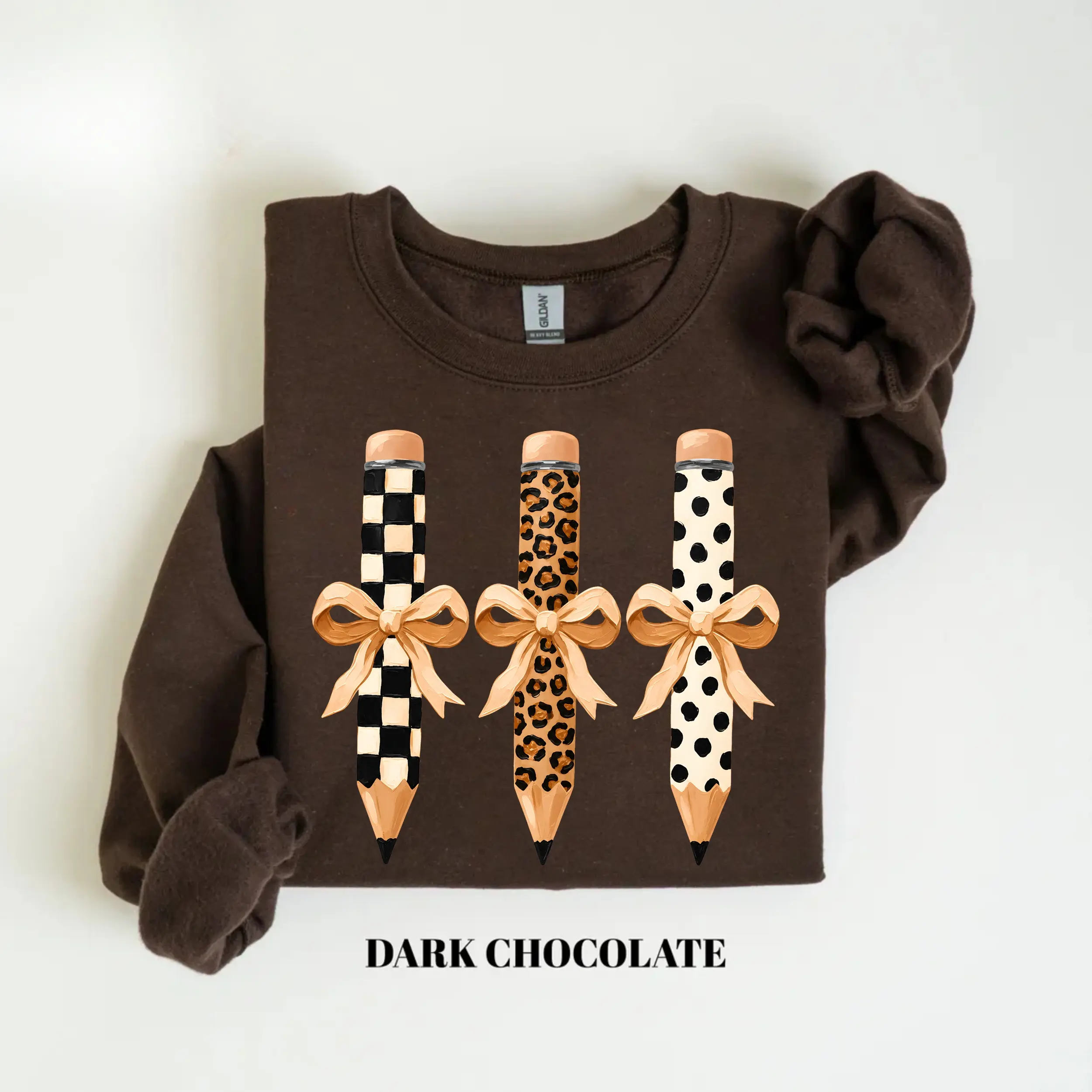 [PRINTED] Preppy Coquette Teacher Sweatshirt, Leopard Pencil Bow Crewneck, Patchwork Teacher Graphic Pullover, Cute Back to School Top, Teacher Gift Gift For Women