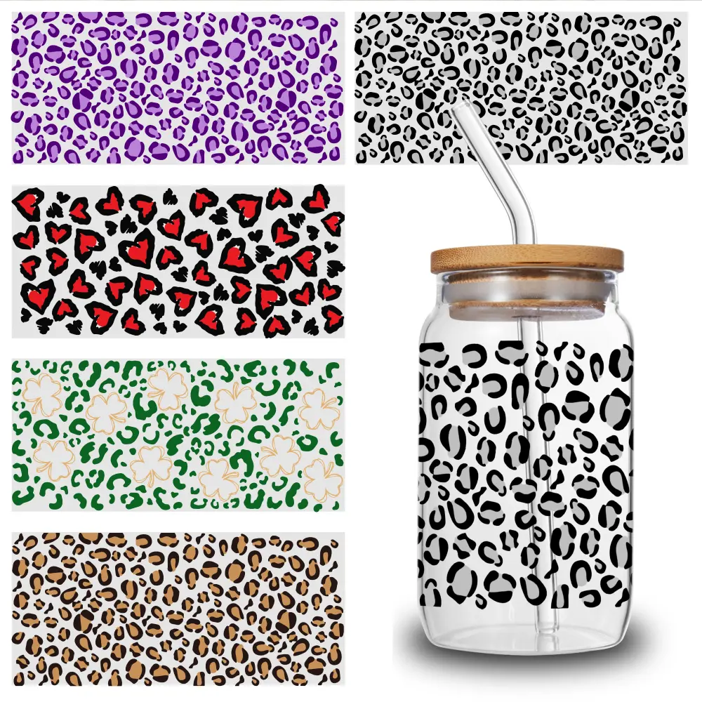 5 Sheets Leopard Print UV DTF Stickers Valentine Waterproof Rub-on Transfers Decoration Floral Vinyl Home Decor