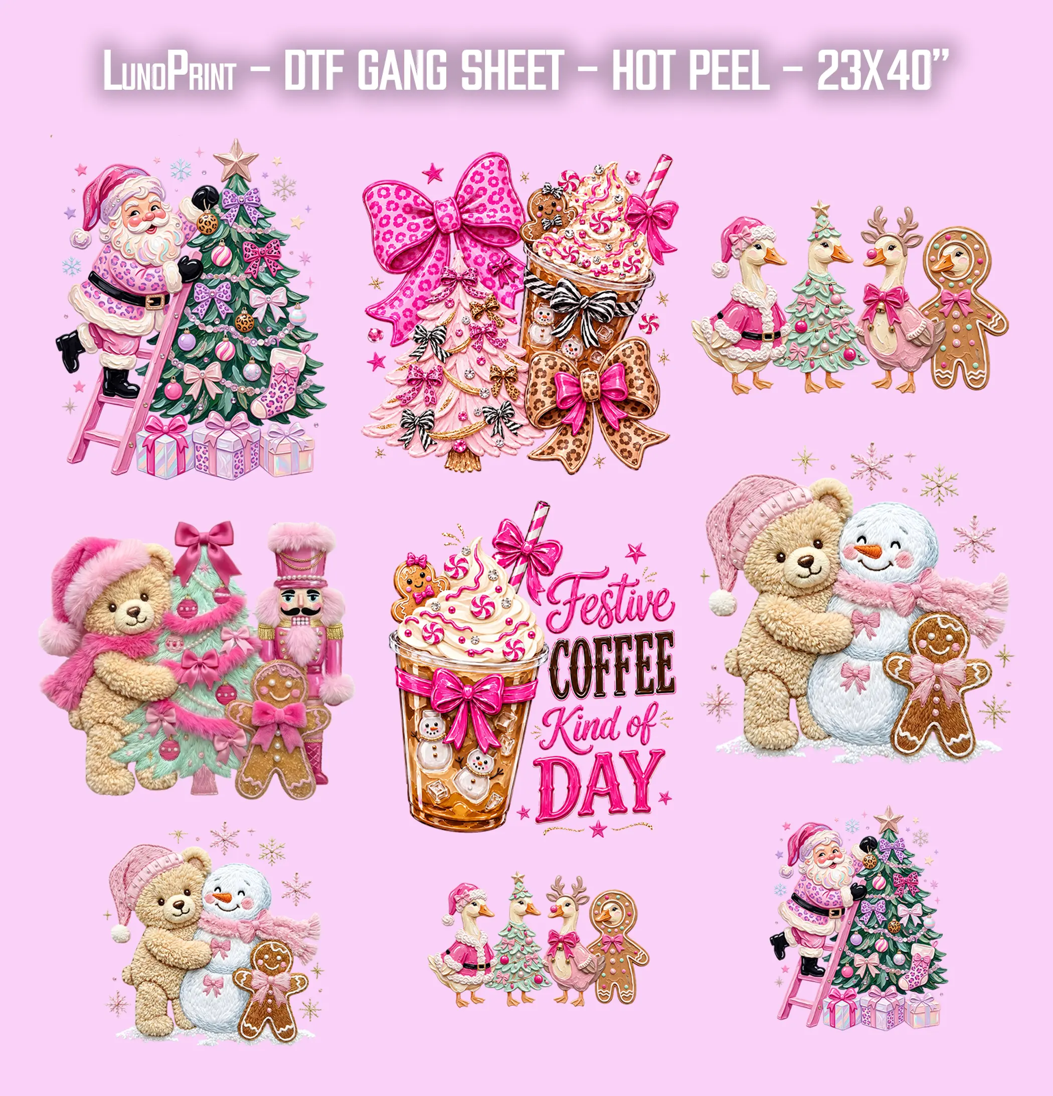 Pink Coffee Christmas DTF Gang Sheet 23x40 in. Winter Ready-to-press Heat transfers