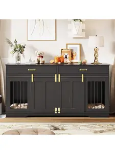 71'' Extra Large Double Dog Crate With Removable Divider, Heavy Duty Dog Kennel Furniture With 2 Drawers & Sliding Door, Wood Indoor Pet Cage Decorative End Table TV Stand, For Large Medium Breeds  71" Dog Crate TV Stand For