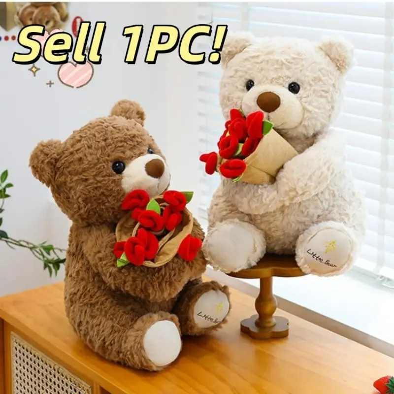 1PC Soft Plush Teddy Bear with Rose Bouquet, Back to School & Mother's Day Gift, Cute Stuffed Animal for Graduation, Huggable Stuffed Animal, Dorm Essentials, Romantic Present for Birthdays & Anniversaries