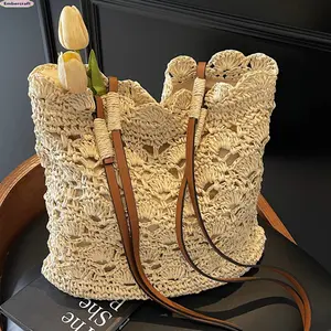 Mori Crochet Shoulder Bag, Woven Straw Handbag for Women, Beach Vacation Tote, Stylish Seaside Handheld Bag, Trendy Literary Youth Accessories