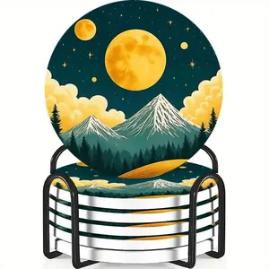 6-Piece Cup Mat Set Moonlit Mountain Forest Design Ceramic Non-Slip Heat Resistant for Coffee & Drinks Home Restaurant Decor Ideal Gift