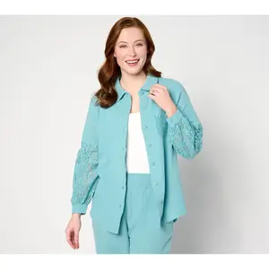 Isaac Mizrahi Live! Bridgehampton Gauze Shirt w/ Crochet Sleeves