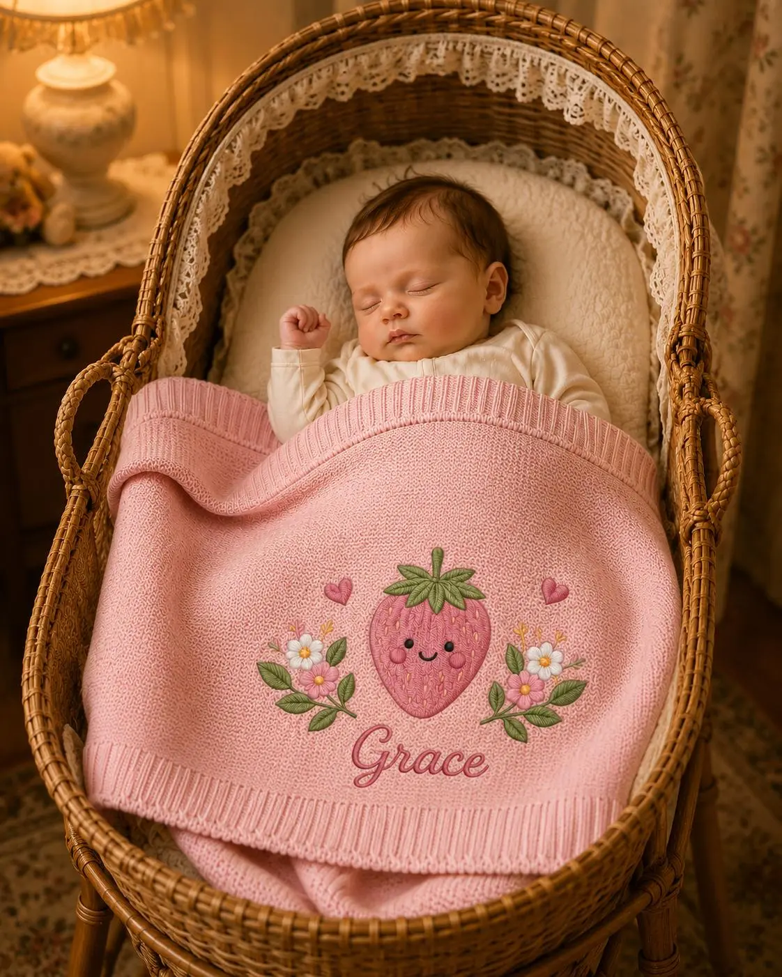 [Made-to-Order]Custom Strawberry Floral Embroidered Knit Baby Blanket, Personalized Flower Newborn Blanket, Gift for Baby Girl, Baby Shower Gift, Nursery Keepsake