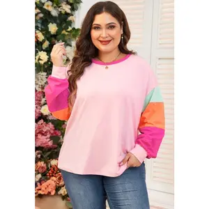 Plus Size Colorblock Patchwork Long Sleeve Top