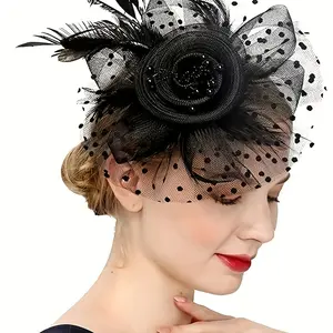 Elegant Women's Black Mesh Veil & Feather Pillbox Fascinator Hat with Floral Accent and Beaded Detailing - Ideal for Tea Parties, Weddings