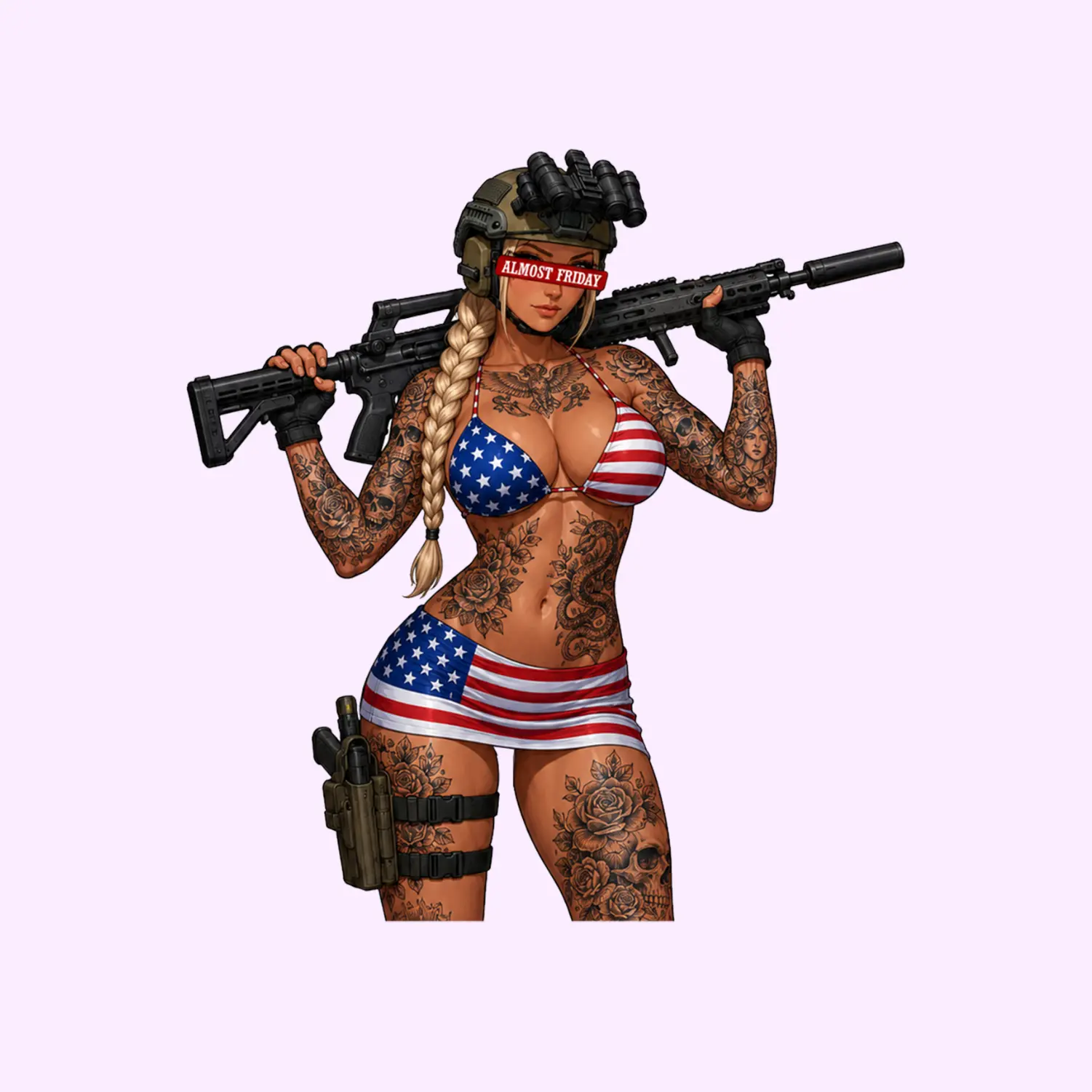 USA Flag Tactical Girl Sticker, Tattooed Blonde Waifu Vinyl Decal, Patriotic Gamer Sticker for Laptop and Water Bottle
