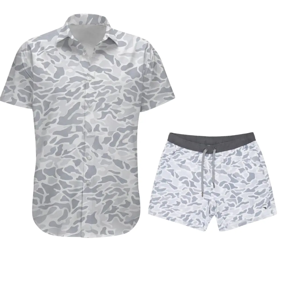 Gray Camo Hawaiian Shirt & Shorts Set, Light Gray White Camouflage Patriotic Style Matching Couple Outfit for Beach Vacation, Perfect Gift for Boyfriend Girlfriend
