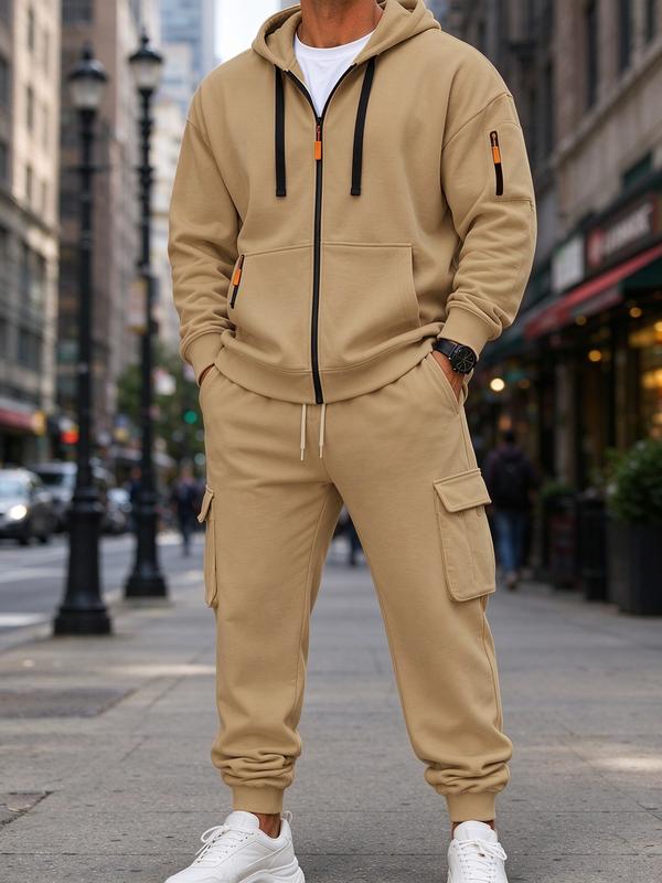 set men Men's Fleece Lined Hoodie & Cargo Sweatpants Set, 2 Piece Warm Tracksuit, Multi-Pocket Hooded Sweatshirt, Casual Fall Winter Streetwear