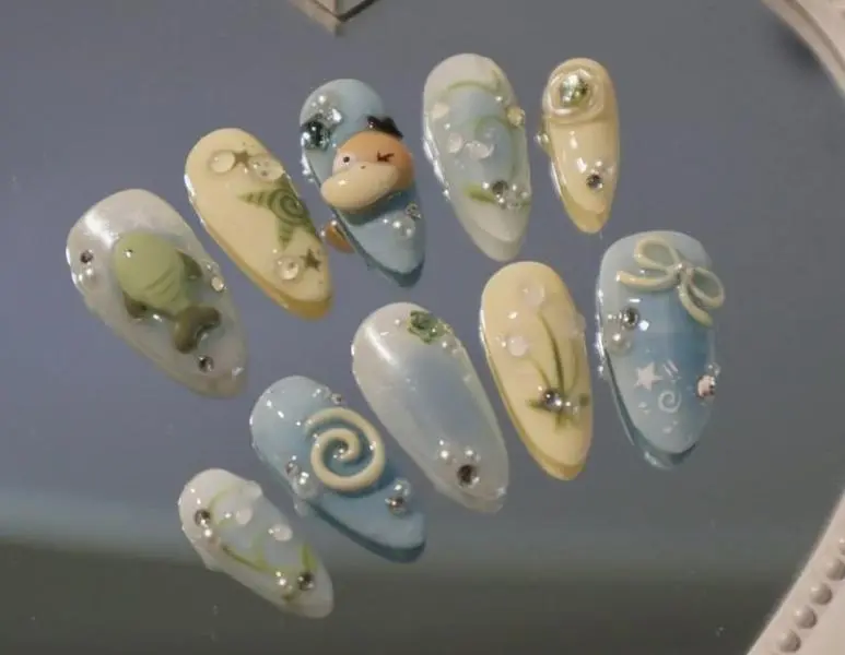 Handmade OyPsyduckyie Press On Nails, Kawaii Pokemon Pond Nails, 3D Pastel Blue Yellow Acrylic Nails, Water Lily Pad Fish Star Nails, Japanese Glue On Nails with Gift Set (Adhesive Tabs, Nail File, Cuticle Stick)