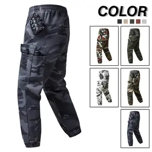 Men’s casual camouflage cargo pants, 100% polyester non-stretch woven fabric, lightweight thin regular fit, drawstring waist and flap pockets suitable for everyday outdoor wear in all seasons.