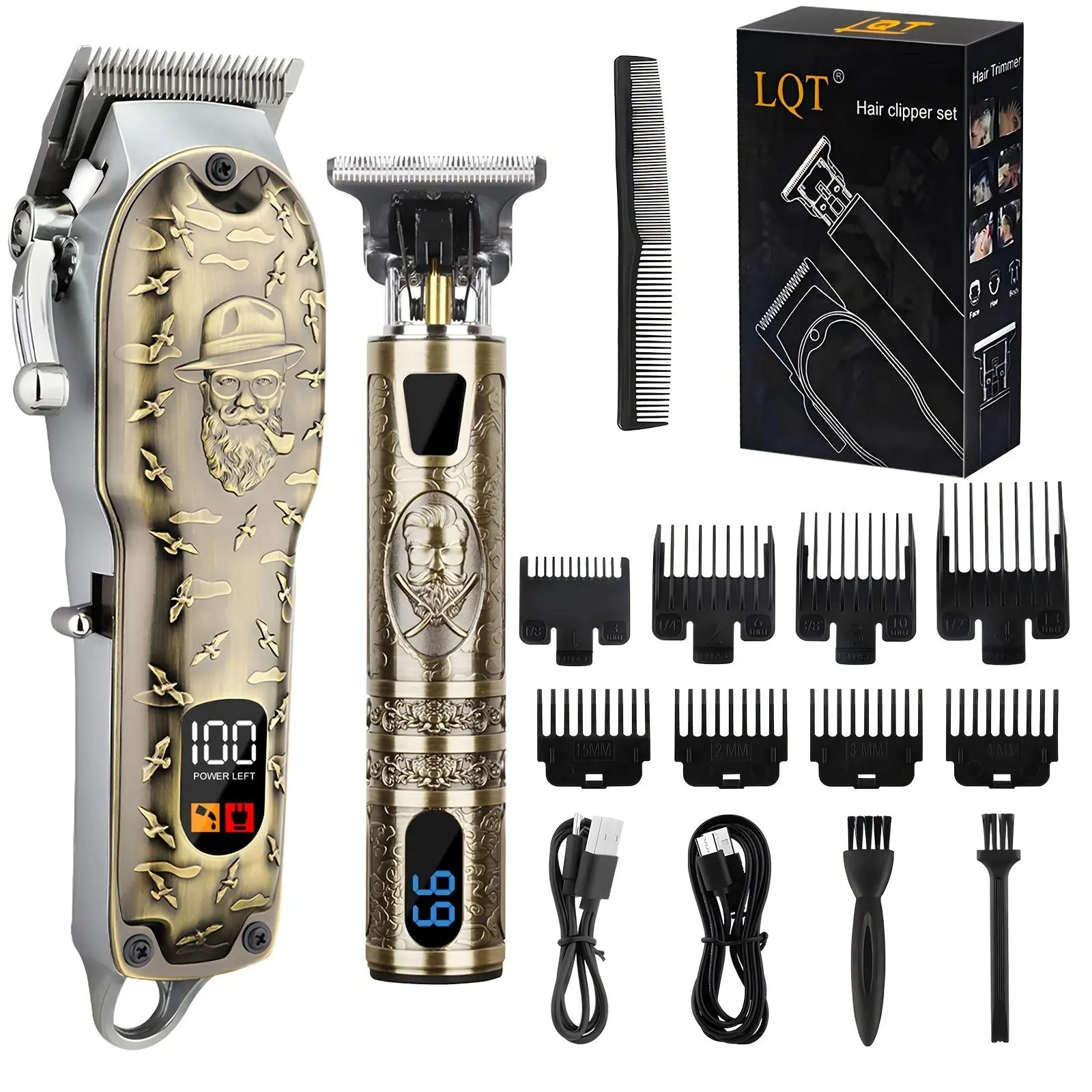 LQT Professional Cordless Barber Equipment, 2-in-1 Clipper and Trimmer Set for Men, Vintage Bronze with USB Charging and LCD Display