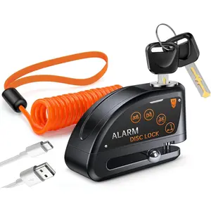 Anti-Theft Heavy Duty Motorcycle Disc Lock with 120dB Alarm, 5FT Reminder Cable, Rechargeable for Motorcycle Electric Scooter Helmet Black