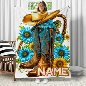 Personalized Cowboy Boots and Sunflower Flannel Blanket - Soft, Lightweight, All-Season Blanket, Customizable Name - Perfect for Sofa, Bed, Travel, Camping - Charming Decoration for Living Room and Office - Unique Gift Idea