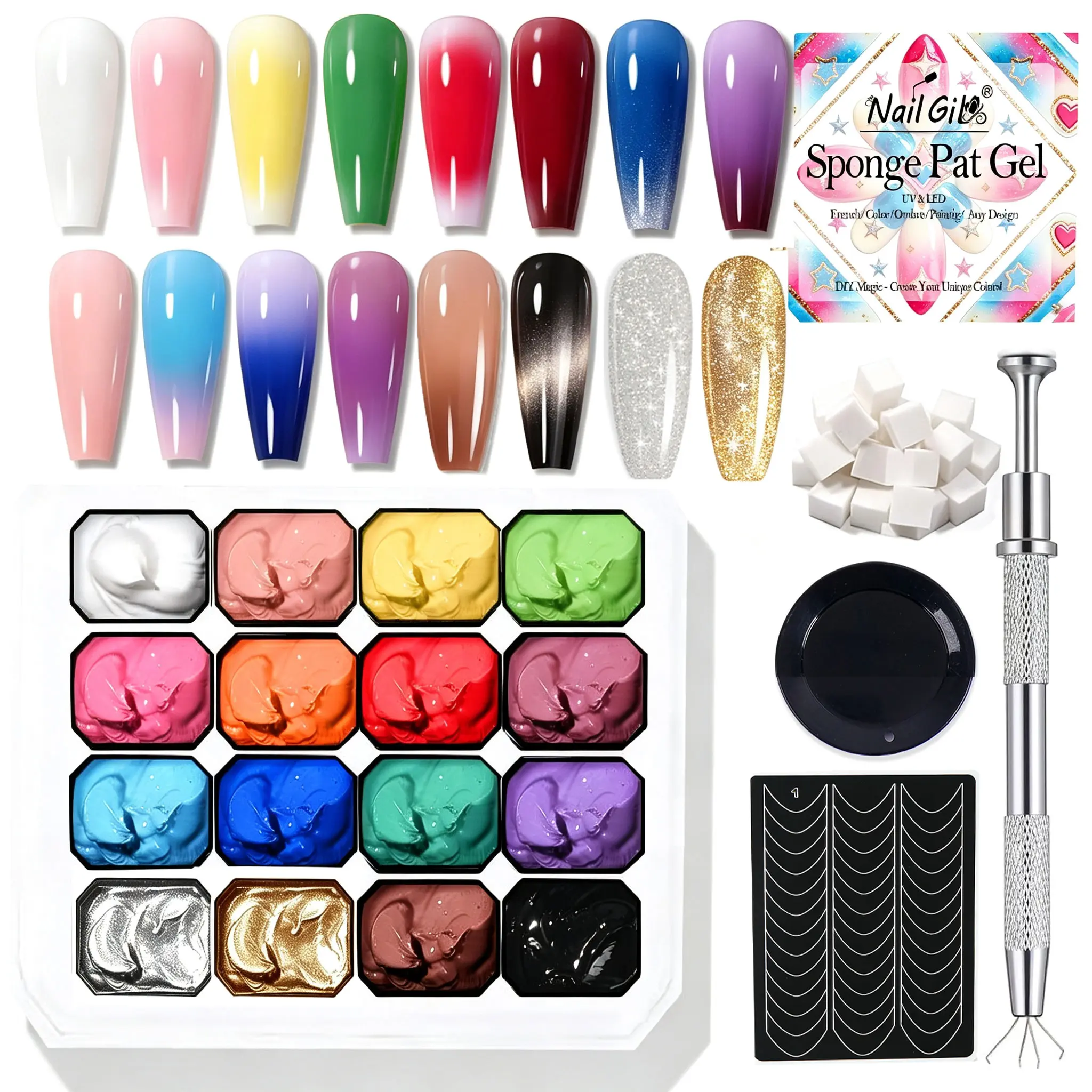 NAILGIL Pat Pat Gel, 16 Colors Sponge Pat Painting Patpat Ombre Gel Palette