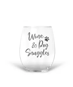 15 oz Handmade Etched Wine Glass Wine & Dog Snuggles