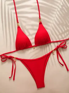 Women's Sexy Solid Color Pentagram Metal Accessory Halter Bikini Swimsuit Set, Tie Back Bikinis, Plain Style, All Seasons, No Ca Prop 65 Warning, Halter Neck Bikini