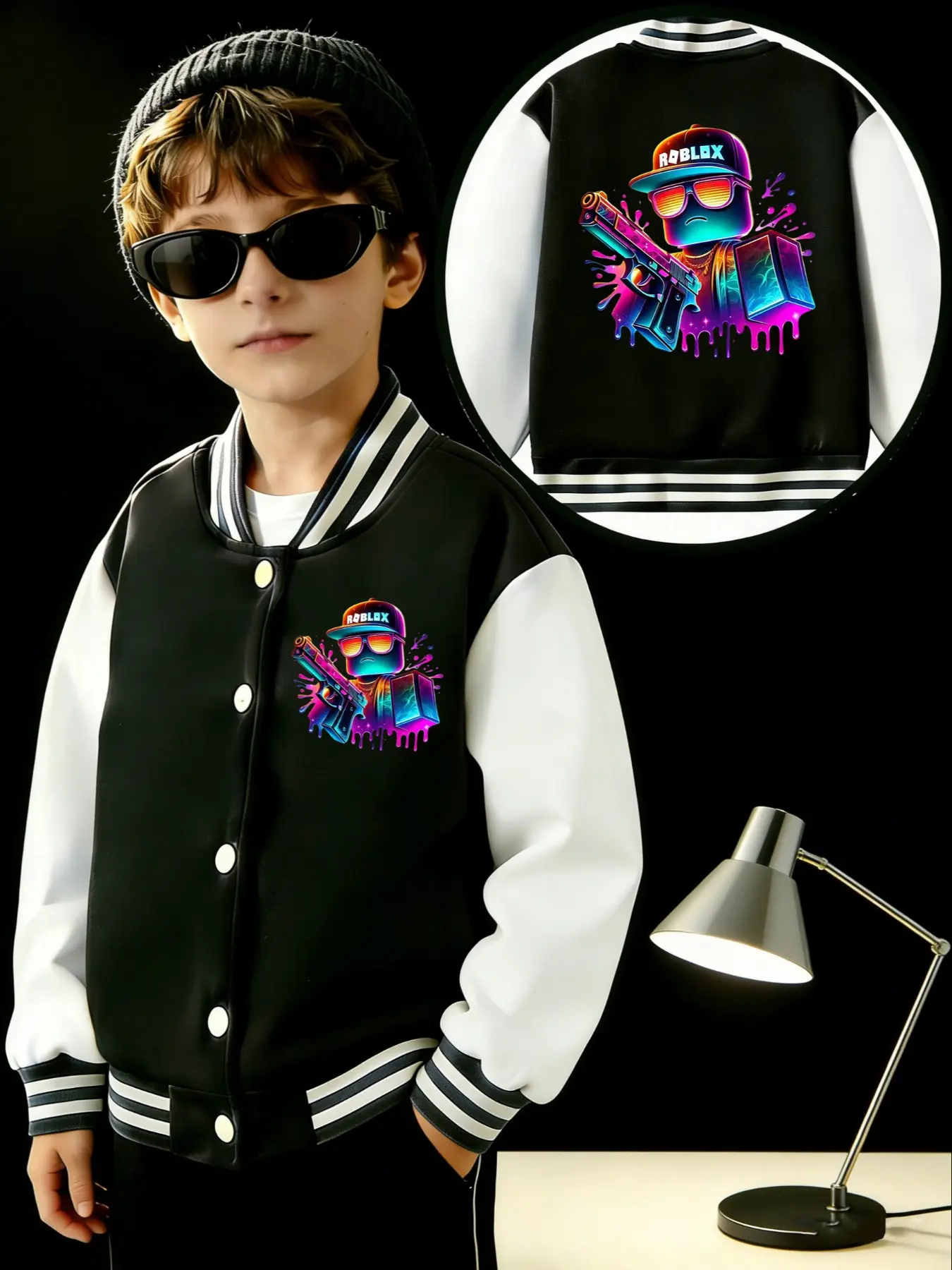 Roblox Boys Short Baseball Jacket Coat, Zip Up Jacket, Fitted Style, Casual Sports School Uniform, Letter Pattern Design, Elastic Fabric, Kids Outdoor Indoor Activities