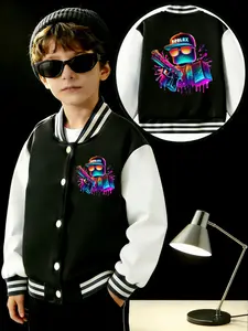 Roblox Boys Short Baseball Jacket Coat, Zip Up Jacket, Casual Sports School Uniform, Letter Pattern Design, Elastic Fabric, Kids Outdoor Indoor Activities