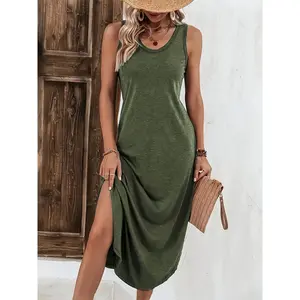 Women’s all-season fitted plain sleeveless dress gown, soft solid color aesthetic design, elegant sleepwear with pockets and slit detailing