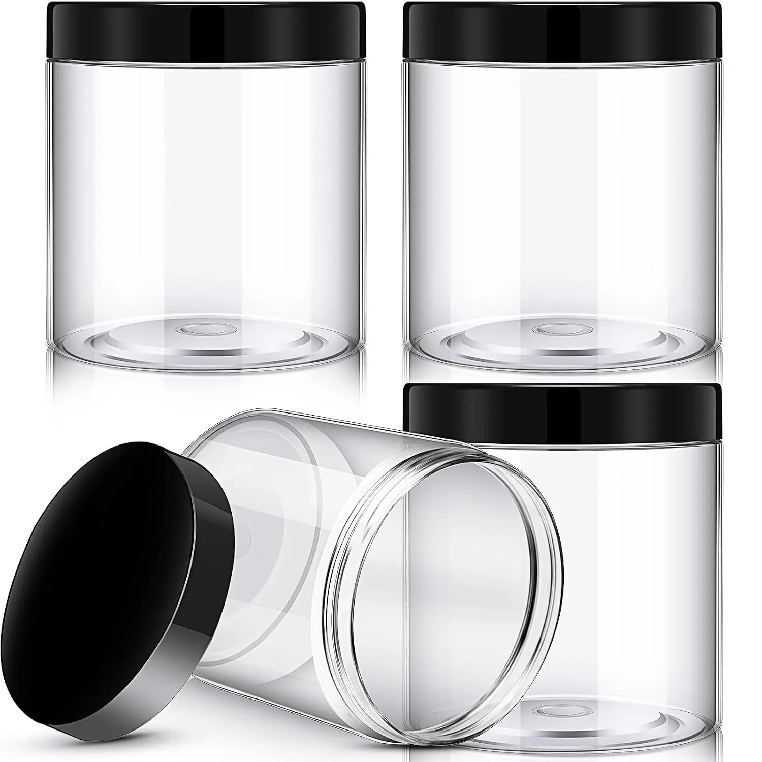 4 Pieces Round Wide-mouth Leak Proof Plastic Container Jars with Lids for Travel Storage Makeup Beauty Products Face Creams Oils Salves Ointments DIY Making(16 Ounce,Black)