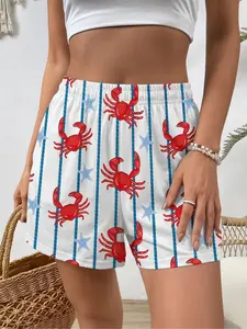 Women’s Crab & Starfish Print Beach Shorts, Elastic Waist Casual Summer Shorts, Nautical Themed Loose Shorts for Vacation, Beach, Swim Cover-Up & Everyday Wear