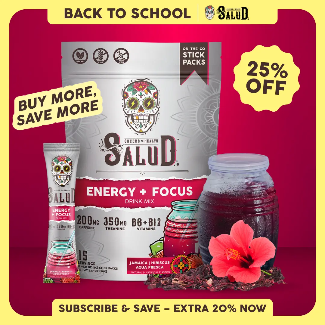 Salud 2-in-1 [Energy + Focus - Jamaica | Hibiscus] Clean Energy Drink Mix, Agua Fresca, Organic Caffeine, B6 & B12, L-Theanine, Drink Packets, Non-GMO, Gluten Free, Vegan, Low Calorie, 1g Sugar (15 Servings)
