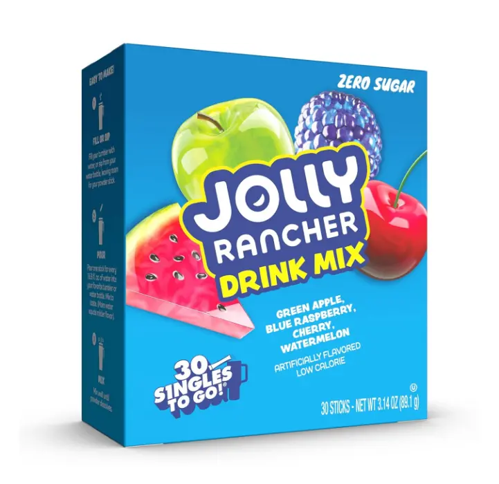 Jolly Rancher Singles To Go Variety Pack, Powdered Drink Mix, Zero Sugar, Low Calorie, Includes 4 Flavors: Green Apple, Blue Raspberry, Cherry, Watermelon, 1 Box (30 Single Servings)