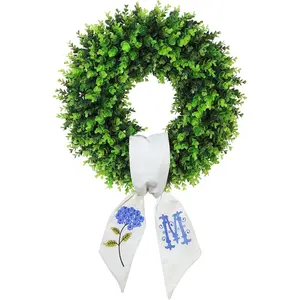 20 Inch (M) Round Wreath for Front Door Spring Summer Farmhouse Porch Decor Personalized Embroidered Monogram Sash Wreath for Multi Occasion Use