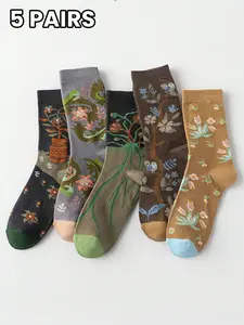 5 Pairs Vintage Floral Mid-Calf Socks for Women, Soft Breathable Fabric, Elegant Color Palette, Perfect for Daily Commute, Womenswear