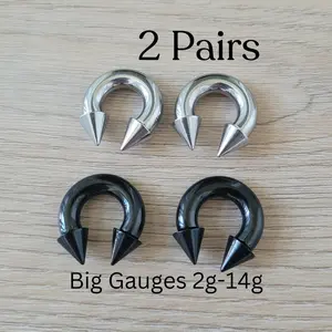 2 PAIR Black Silver Gauges Spike Horseshoe Clicker Ring Plugs 2g 4g 6g 8g 10g 12g 14g Hinged Hoop Earrings Steel Big Gauges Ear Piercing men
