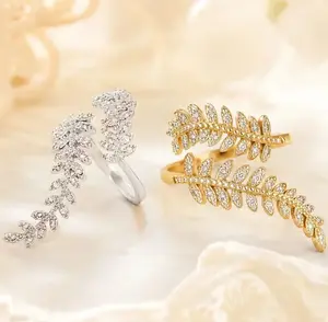 Women Delicate Double Leaf Inlaid Zircon Open Adjustable Ring, Shiny Leaf Wrap Band, Fashion Jewelry for Wedding Anniversary Dinner Gift