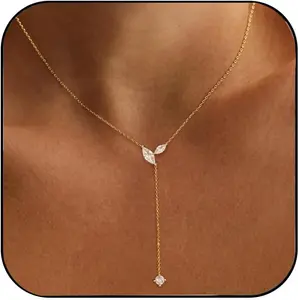 Gold Necklace for Women - Dainty Long Lariat Necklace 14K Gold Plated Clover Star Teardrop CZ Y Shaped Drop Necklaces Cute Long Necklaces for Women Trendy Prom Formal Womens Jewelry