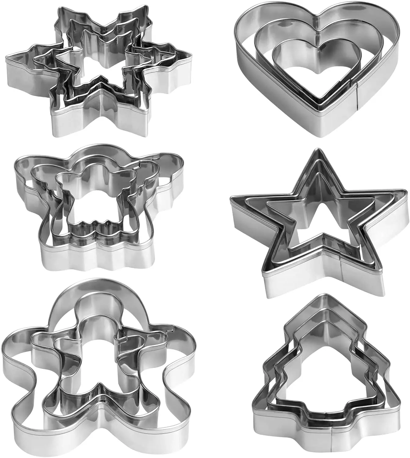Christmas Cookie Cutter Set - 18 Piece Gingerbread Man, Snowflake, Christmas Tree, Heart, Star, Angel Shapes for Holiday Winter Baking Tin