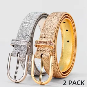 2PCS Glitter Belts for Women  Sparkle Up Any Outfit | Gold & Silver Fashion Belts