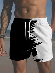 Men's 3D Print Geometric Stripe Summer Beach Pants, Adjustable Drawstring Waist, Casual Style