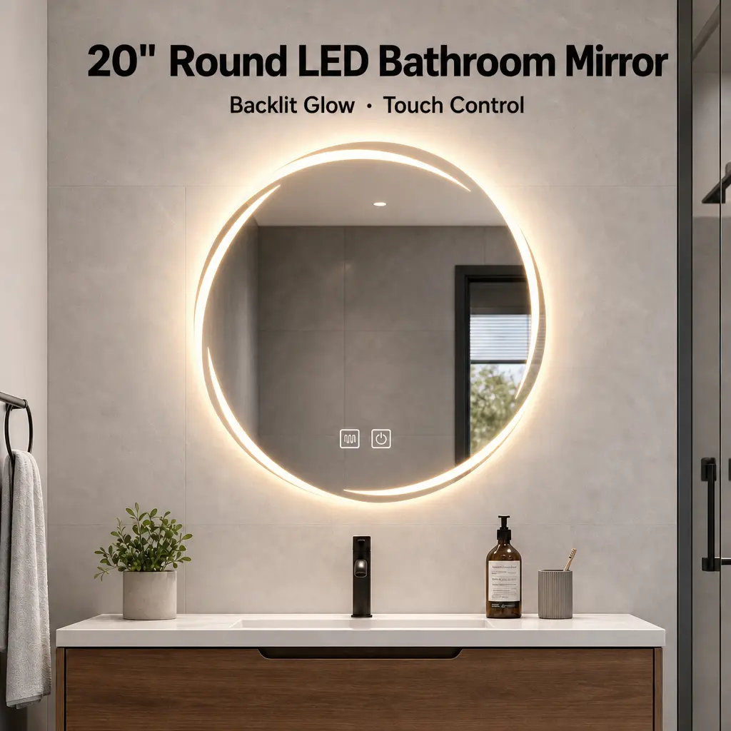 20-Inch Round Shape LED Vanity Mirror with Anti-Fog, 3-Color LED Lights, Touch Dimming, Frameless Look Plug-In Bathroom Fixture Set