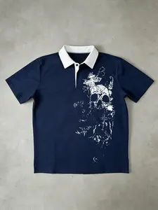 Edgy Skull Print Black Polo Shirt | White Collar Gothic Streetwear | Breathable Cotton Blend Casual Top | Y2K Alternative Fashion for Men & Women, Unisex | Perfect for Hip Hop, Skate, Festival & Daily Wear | Dark Academia Grunge Aesthetic