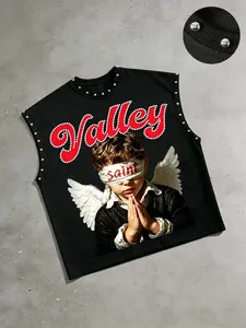 American Street Style Valley Saint Angel Print Rivet Sleeveless Vest, Trendy Streetwear Oversize Men's Top, Fitted Graphic Pop Art Print Design