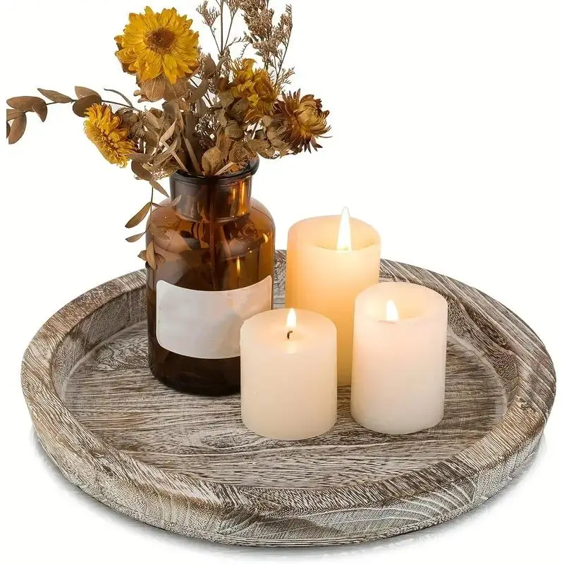 Wooden Tray, 1 Count Vintage Round Candle Snack Fruit Perfume Toiletries Display Tray, Decorative Tray for Home Living Room Bedroom Dining Room Offic