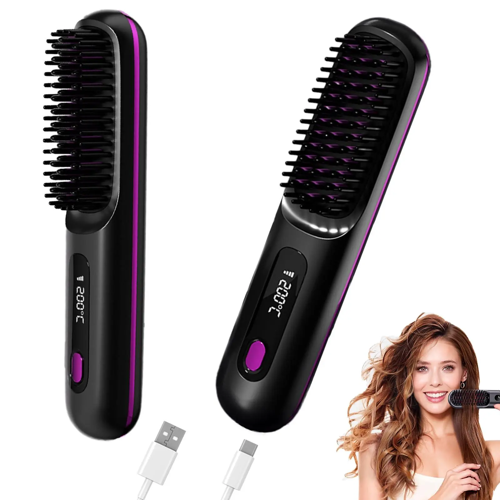 Cordless 2-in-1 Hair Straightener Brush Portable Rechargeable 4000mAh Battery 3 Temperature Settings Fast Heating Anti-Scald Design for Daily Travel Use - Adjustable