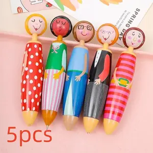 5pcs Cartoon Character Retractable Ballpoint, Ballpen Set, Fast Drying Ink, Fine Tip, Family Doll Pens, Student Reward Gifts, School Supplies