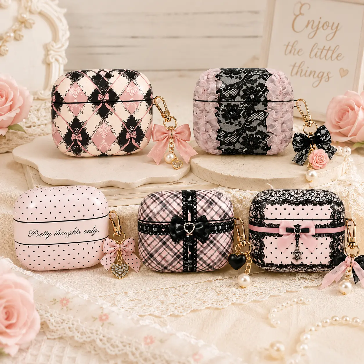 NO KEYCHAIN Personalized Coquette AirPods Case, Pink Bow Lace AirPods Pro Cover, Girly Plaid Floral AirPods Gen 1 2 3 4 Case, Cute Feminine Gift