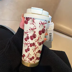 Sketch Cherry Coffee Cup, 530ML Insulated Travel Mug with Straw and Lid, Stainless Steel Vacuum Flask for Hot/cold Drinks, Office & Outdoor Use