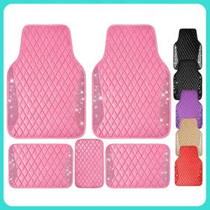 5pcs Pink Bling Leather Car Mats Shining Diamond Rhinestones Sparkly Anti-Slip Waterproof Universal Fit Automotive SUV,Sedan,Van,Girl Women