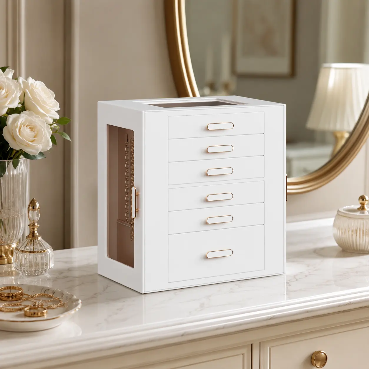 BOOVO Large Jewelry Organizer Box Jewelry Boxes for Women, 6 Layer Jewelry Organizer with Glass Lids, Jewelry Holder Organizer with 5 Drawers and 2 Glass Doors for Jewelry Storage, Big Jewelry Box for Womens Gift（White）