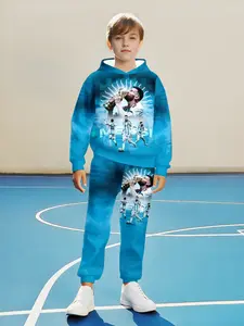 Boys Cristiano Ronaldo Hoodie Set, 3D Football Print Blue Watercolor, Casual Long Sleeve Sweatshirt and Sweatpants, Spring Fall Outdoor Activities, Children Hoodies
