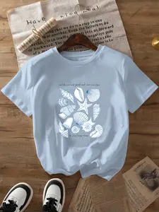 Women's Summer Fashion Shell & Seashell Print Top, Plus Size Vintage Round Neck Short Sleeve Shirt, Casual Long Clothing